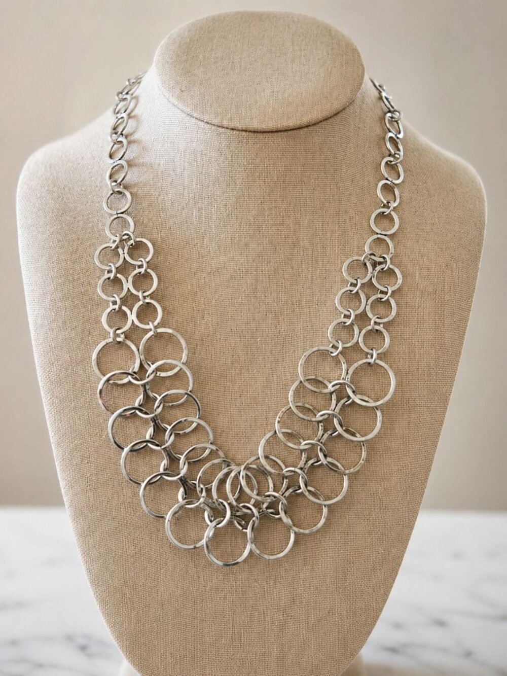 Lucky Brand Silver Tone Multi Ring Statement Necklace Adjustable 21” Boho